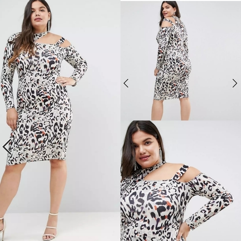 NWT ASOS CURVE Midi Dress In Animal Print With Cut Away Neck